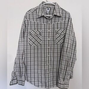 GAP Men's Casual Gray Checkered pearl snap Shirt y2k